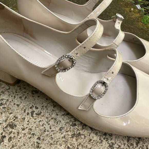 Stuart Weitzman Women's Cream Double Mary Jane Patent Leather Shoes Size 8.5 - Picture 5 of 14